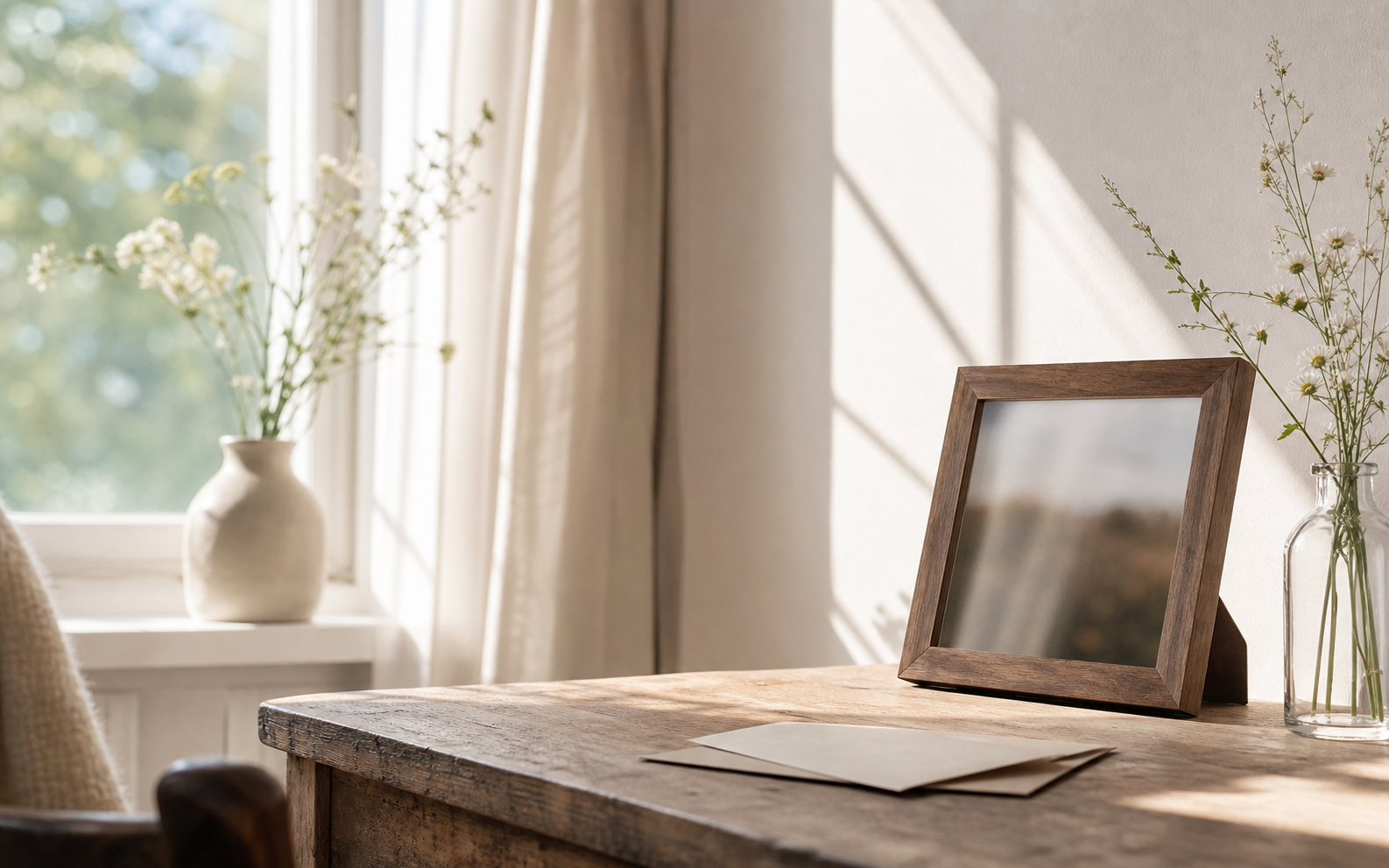 Soft morning light over flowers, a note, and an indistinct framed photograph.